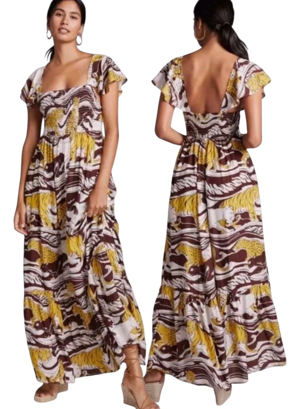 ANTHROPOLOGIE Panther Print Ruffled Maxi Dress - Size XS